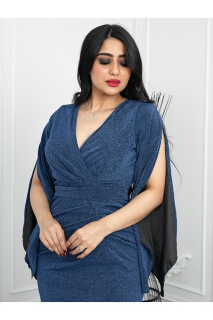ZAYIA Elegant long-sleeved, stretchy, bright blue dress with a slit,  perfect for evening parties and formal occasions for women.- Trendyol