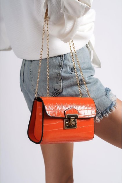 1140-Orj Rectangular Form Chain Strap Crocodile Pattern Strap Shoulder, Hand and Arm Bag