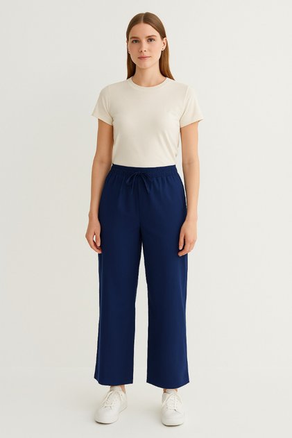 Lace Detailed Wide Leg Elastic Waist Linen Trousers
