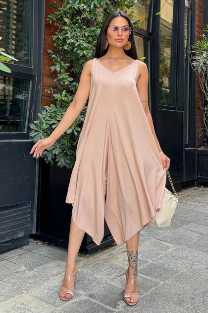 Women's Beige Rope Strap, Asymmetric Cut, Textured Anti-Sweat Fabric, Loose Jumpsuit