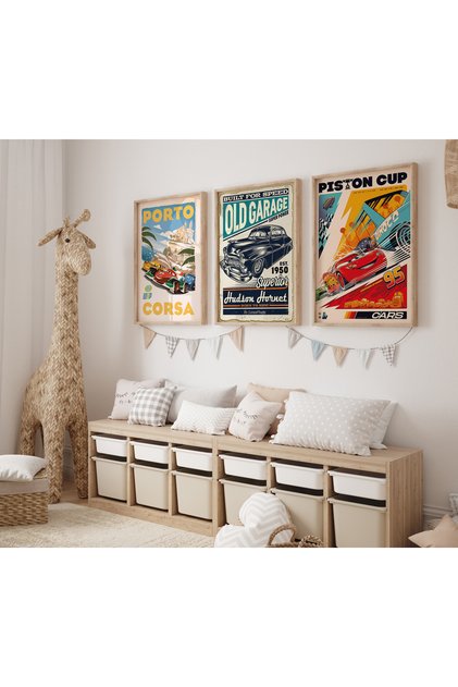 (ÇERÇEVESİZ) 3 lü Şimşek Mcqueen, Arabalar Filmi Poster, Çocuk Ve Genç Odası, 3'lü Çerçevesiz