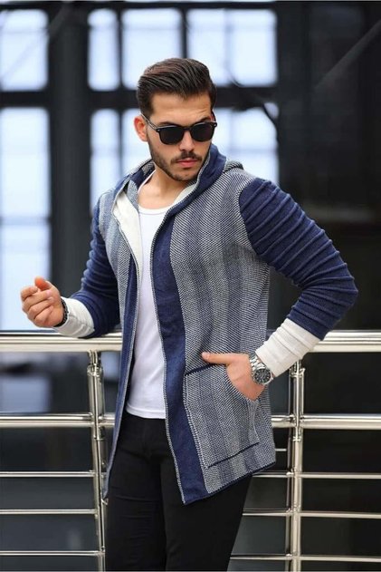 Men's Indigo Sleeve Patterned Poncho Cardigan