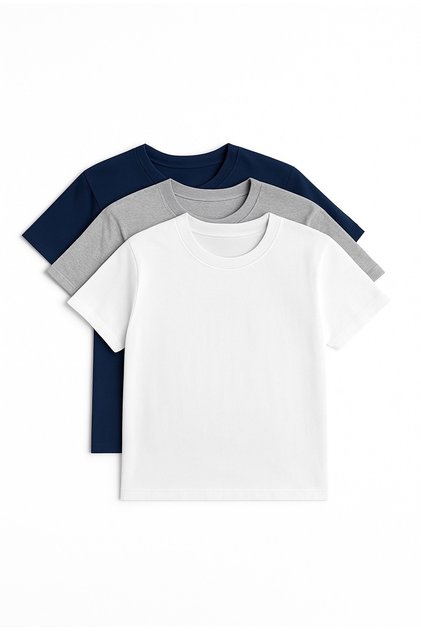 100% Cotton Kids 3-Piece T-Shirt Crew Neck Trendy Basic Daily T-Shirt Badi White Gray Navy Blue