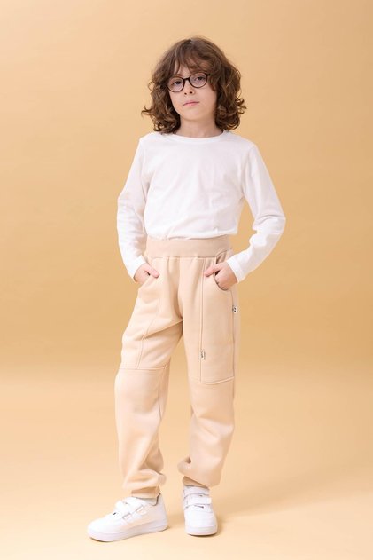 Thick Jogger Pocket Unisex Children's Sweatpants Beige