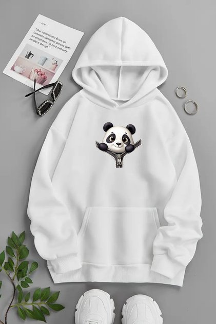 Unisex White Hooded Sweatshirt – Zip Panda, Printed Thick Fabric