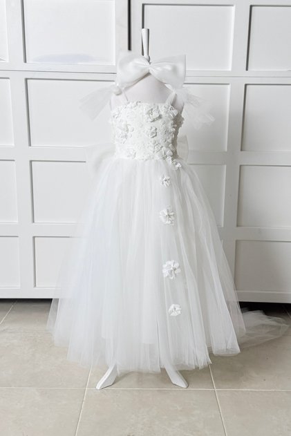White 3D Floral Girl's Evening Dress and Party Dress