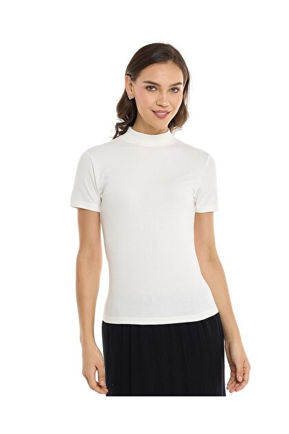 Ribbed Top with High Neck and Short Sleeves