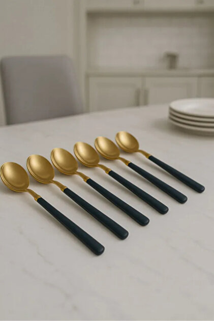 6 Pieces Black Detailed Gold Spoon Set | 6 Piece Luxury Dinner Spoon Set 20 cm