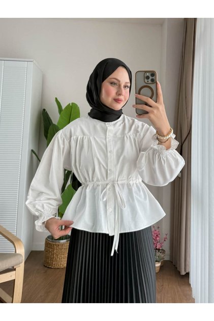 Kadın Etek Üstü Beli Tünelli Tesettür Kısa Gömlek Beyaz