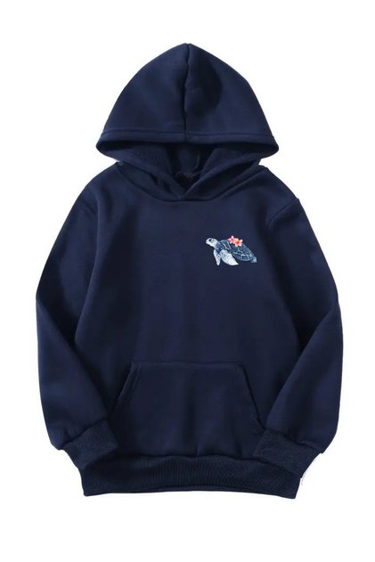 Unisex Oversize Hooded Winter Little Turtle Printed Hooded Sweatshirt - Navy Blue