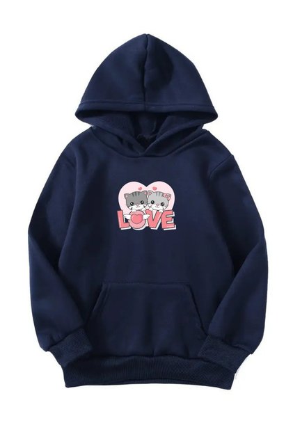 Unisex Oversize Hooded Winter Double Love Cat Printed Hooded Sweatshirt - Navy Blue