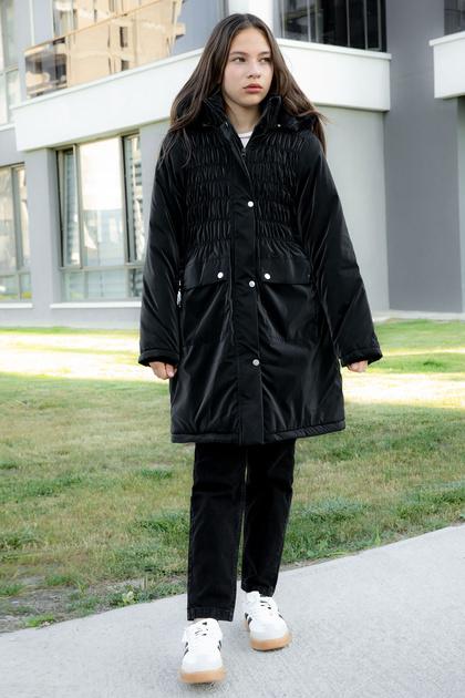 Black Belted Nubuck Fabric Girl's Fur Lined Hooded down Jacket 21311