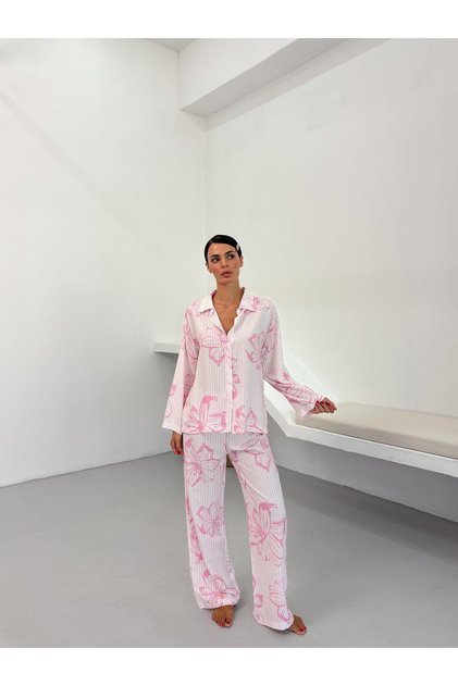 Pink Floral Pattern Cotton Shirt Pajama Set