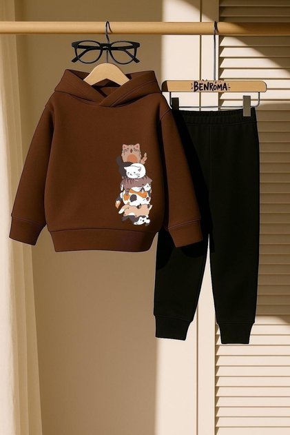 Cats Overlap Printed 3 Thread Children's Tracksuit Set