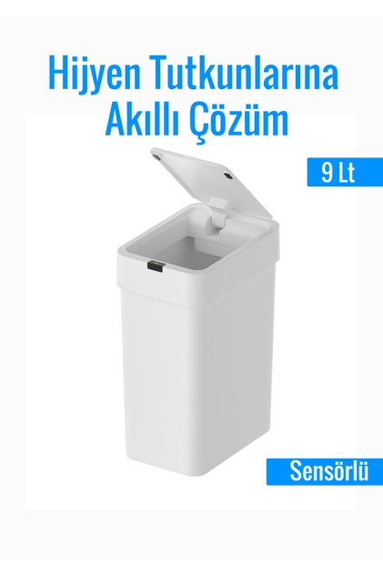 Sensörlü Çöp Kovası 9 Litre | Beyaz | Kızılötesi Sensörlü Otomatik Kapak | Sessiz & Antibakteriyel |