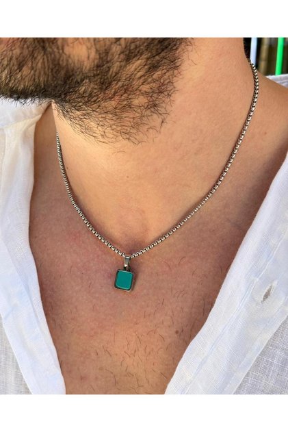 Aerys Men's Minimal Square Green Chrysoprase Natural Stone Pointed Steel Necklace