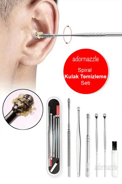 Spiral Kulak Temizleme | Paslanmaz Çelik 6’lı Profesyonel Kulak Temizleme Seti (Kutu + Fırça Dahil)