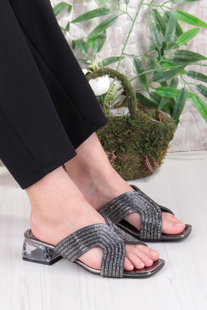 Ares 1694 Platinum Stone Daily Wear Evening Dress Transparent Heel Women's Slippers
