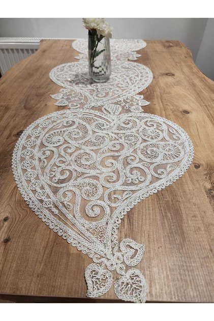 Kalp Runner Luxury Table Cloth Dantel Gold Glitter Ecru 138X41Cm