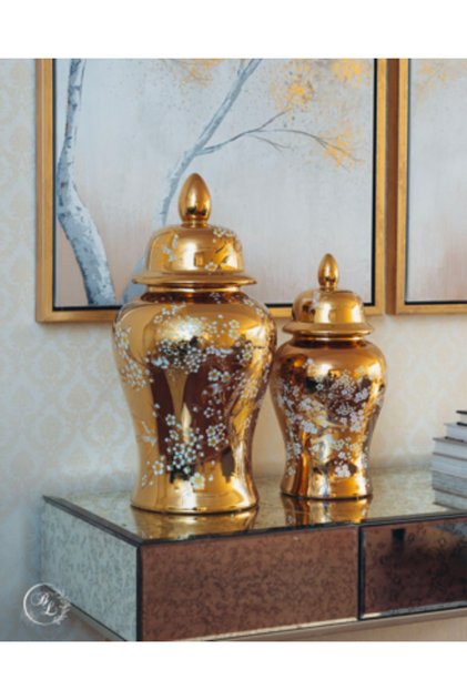 Beth & Lily – Ivy Classic Gold Ceramic Ginger Jar Large | Luxury Living Room Decor | Decorative Jar with Lid | Statement Vase UAE GCC