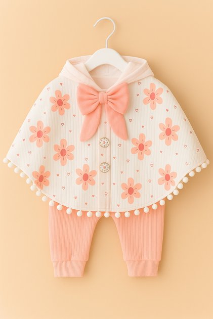 Pom-pom Detailed Floral Print Baby Poncho Set Long Sleeve Bodysuit 0-18 Months Baby Girl Set %100 Cotton