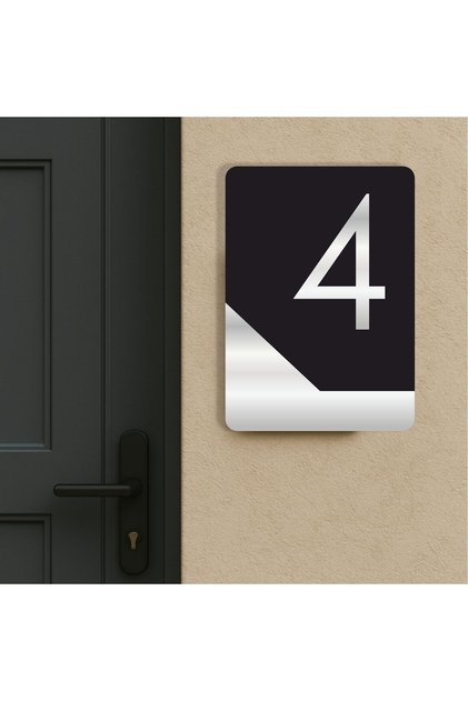Apartment -Wall - Door - Hotel Number Laser Cutting (Black & Mirror Silver 14X10 cm) Number 4 Four