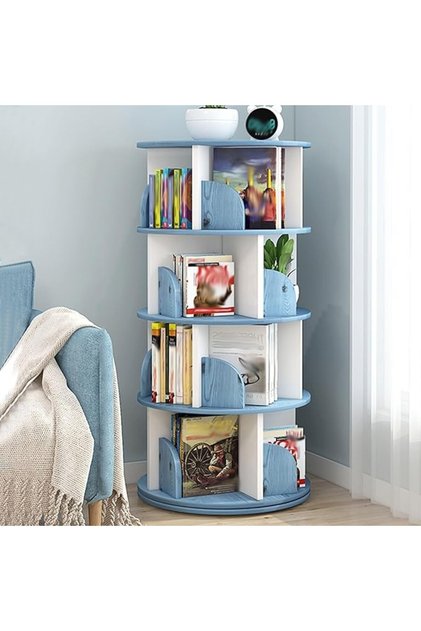Raft pivotant 4 polite carti, 129cm, albastru, rotativ 360°, biblioteca carti