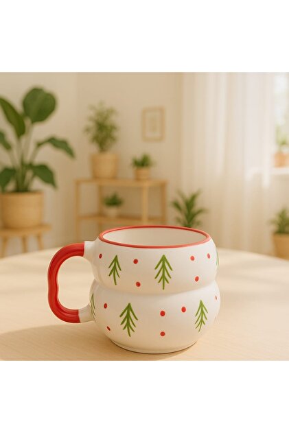 Katmerli Handle Christmas Themed Pine Tree Patterned Special Design Special Embossed Hand Embroidered Ceramic Mug