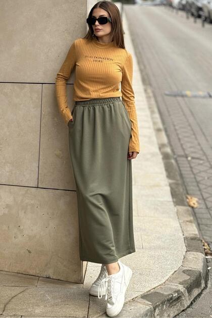 Women's Khaki Elastic Waist, Comfortable Fit, Long Skirt with Pockets