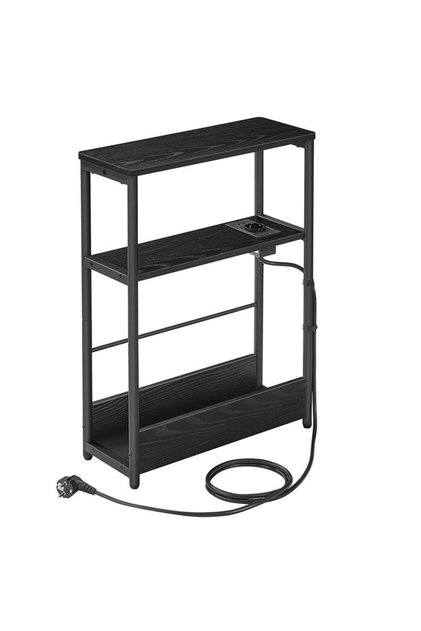 Masă îngustă cu priză și porturi de încărcare USB, 3 rafturi, 45x18x58 cm, neagră