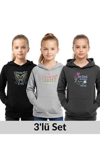 Hooded 3-Piece Girl's Sweatshirt with Pocket Details-Printed