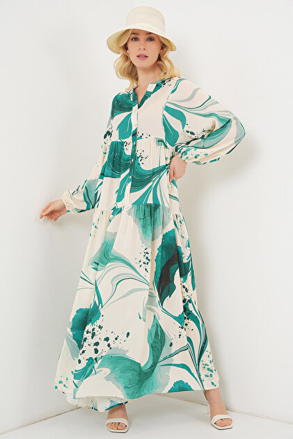 Merterium Women's Patterned Long Hijab Dress Emerald Green 1155- Trendyol