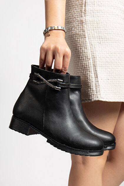 Black Skin Women's Buckle Zippered Comfortable Winter Boots Non-Slip Sole H014