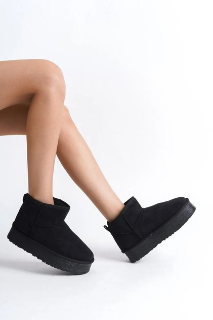 Mini Black Suede Thick Sole Women's Boots with Fur Inside