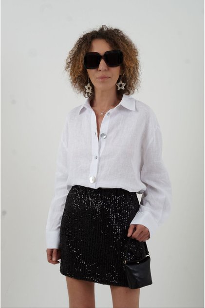 White Button Detail Natural Linen Shirt
