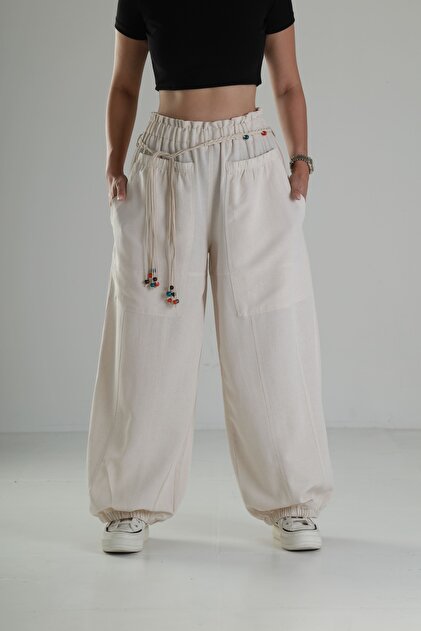 COCOPELLI Desenli Siyah Oversize Kadın Samurai Pantolon COC2775