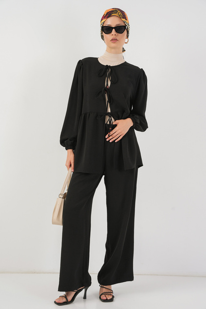 Women's Front Lace-Up Tunic Trousers Double Suit 6744 - Black