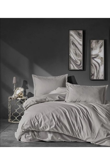 Elegant Stripe Satin Double Duvet Cover Set Beige