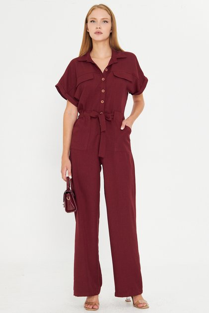 Women's Light Burgundy Front Buttoned Waist Belted Pocket Bat Sleeve Palazzo Jumpsuit Arm-24Y001105