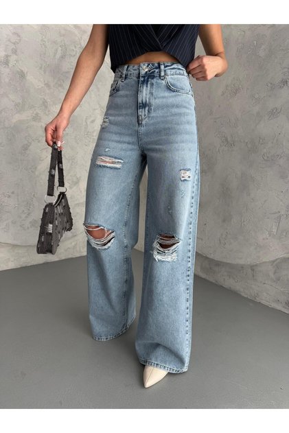 Women's Baggy Fit Laser-Cut High-Waisted Wide-Leg Jeans