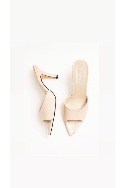 Women's Beige Patent Leather Pointed Toe Heeled Shoes