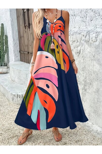 New Season Women's Patterned Single Jersey Dress with Wide V-Neck and Rope Strap