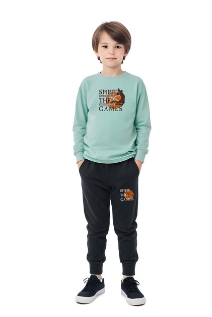 Crew Neck Basketball Print Detailed Boys' Top and Bottom Set
