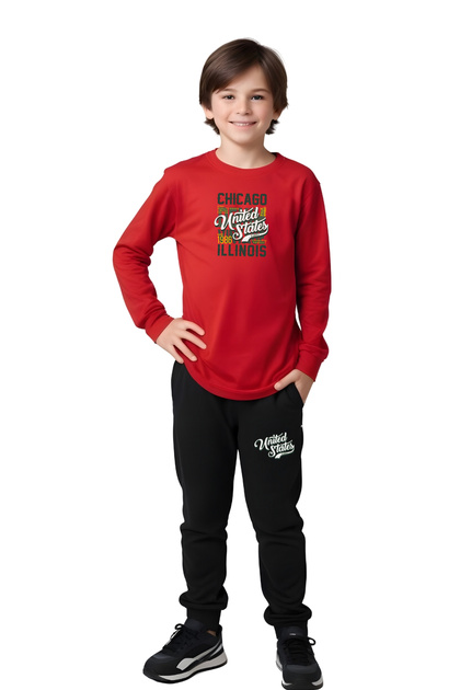Crew Neck Chicago Text Printed Detail Boy's Bottom-Up Set