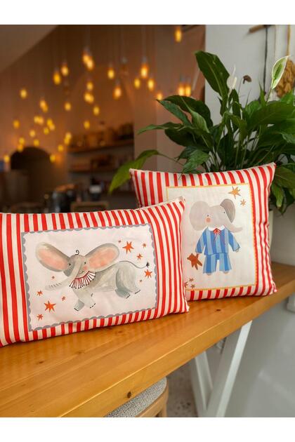 Children's Room Decorative Red Striped Suede 2-Piece Throw Pillow Cover - Children's Room Throw Pillow Cover Set