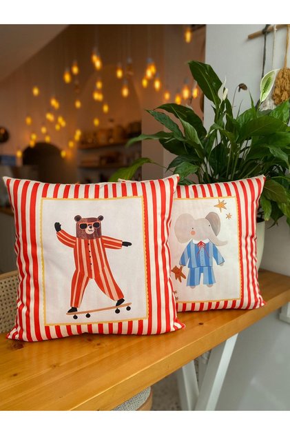 Children's Room Red Striped Decorative Throw Pillow Case Set - Suede Throw Pillow Case Set - 43X43Cm