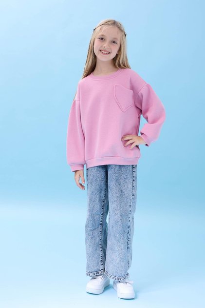 Girl's Heart Pocket Detailed Balloon Sleeve Hooded Sweatshirt - Light Rose