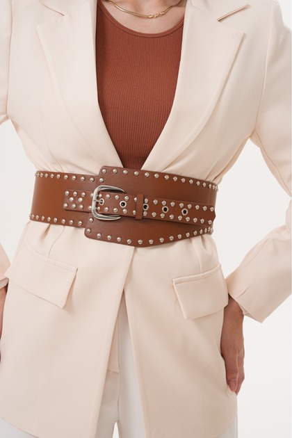 Staple Detailed Wide Belt Dress Belt Shirt Belt Coat Belt Body Belt Waist Belt