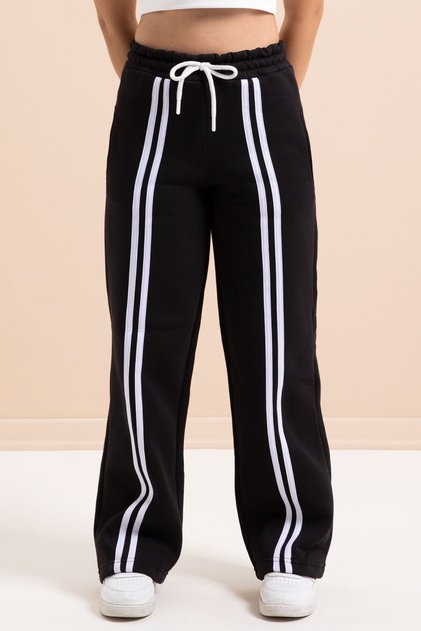 Black Wide Leg Raised Girl's Basic Sweatpants with Stripes on the Front 21275