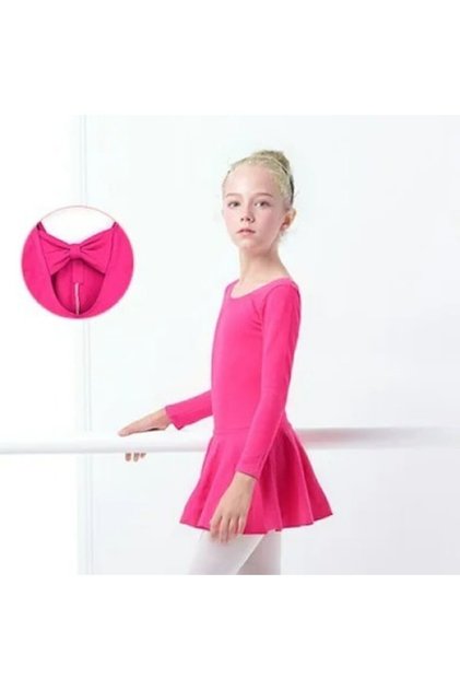 Costum pentru dans/gimnastica Mixbo, body cu fustita, maneca lunga, bumbac, fucsia, 130 cm, 6-7 ani